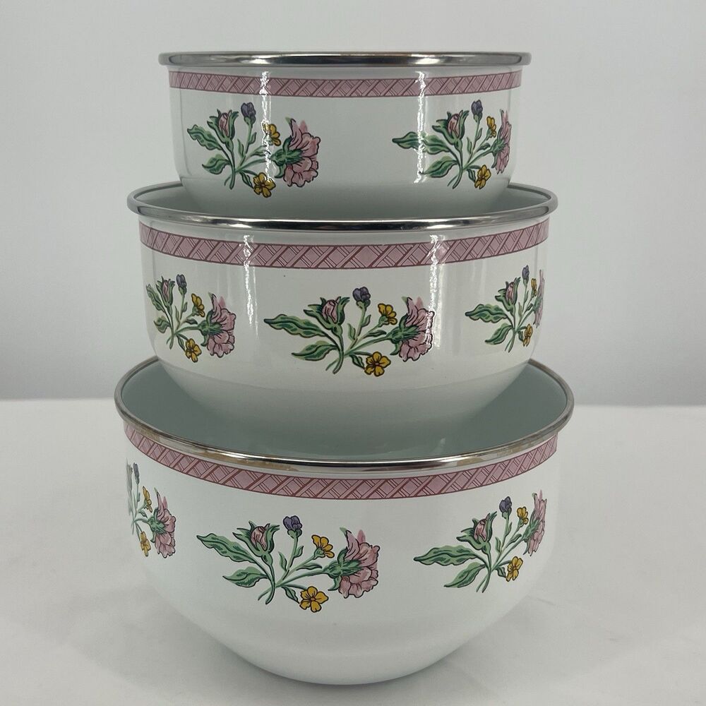 Vintage Enamelware Mixing Bowls Set of 3 White Pink Floral Silver Rim Nesting